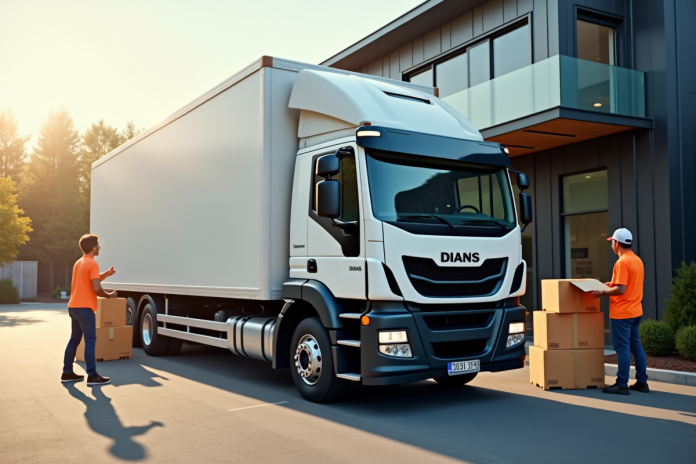Camion de livraison moderne devant une petite entreprise avec travailleurs