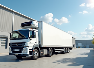 Camion frigorifique : investissement ou location, que choisir ? Camion frigorifique blanc devant un entrepôt moderne en plein jour