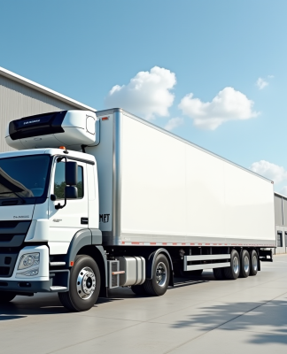 Camion frigorifique : investissement ou location, que choisir ? Camion frigorifique blanc devant un entrepôt moderne en plein jour