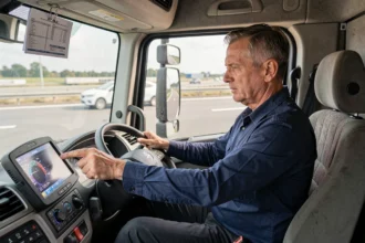 Chauffeur de camion professionnel consultant l'affichage d'un tachygraphe numérique dans la cabine d'un poids lourd européen, illustrant le respect de la réglementation sociale des conducteurs routiers