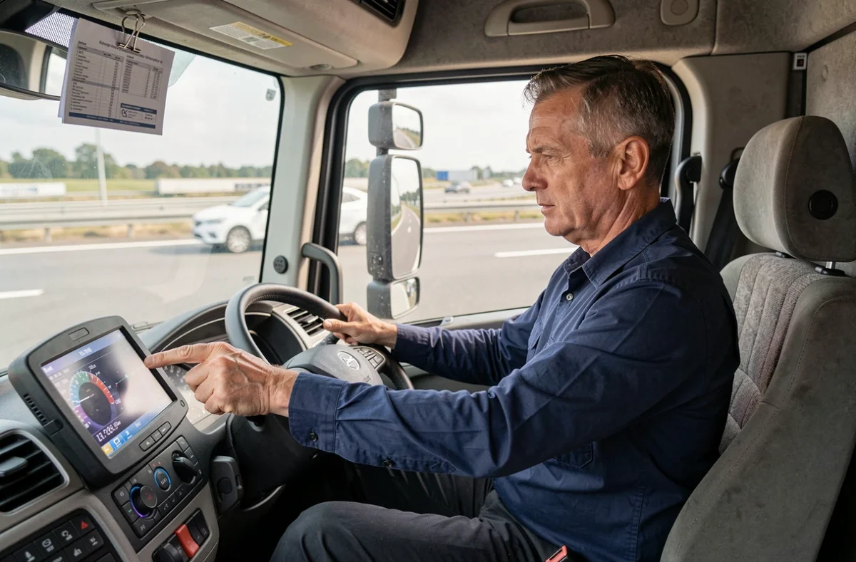 Chauffeur de camion professionnel consultant l'affichage d'un tachygraphe numérique dans la cabine d'un poids lourd européen, illustrant le respect de la réglementation sociale des conducteurs routiers