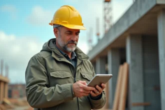 Chef de chantier consultant une application de gestion sur tablette devant une structure en construction