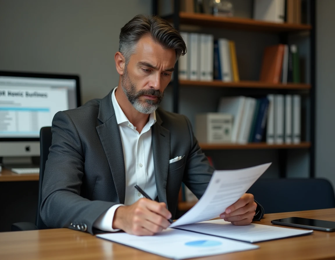 Chef d'entreprise analysant des propositions de services RH à son bureau, comparant un cabinet classique et une solution digitale innovante