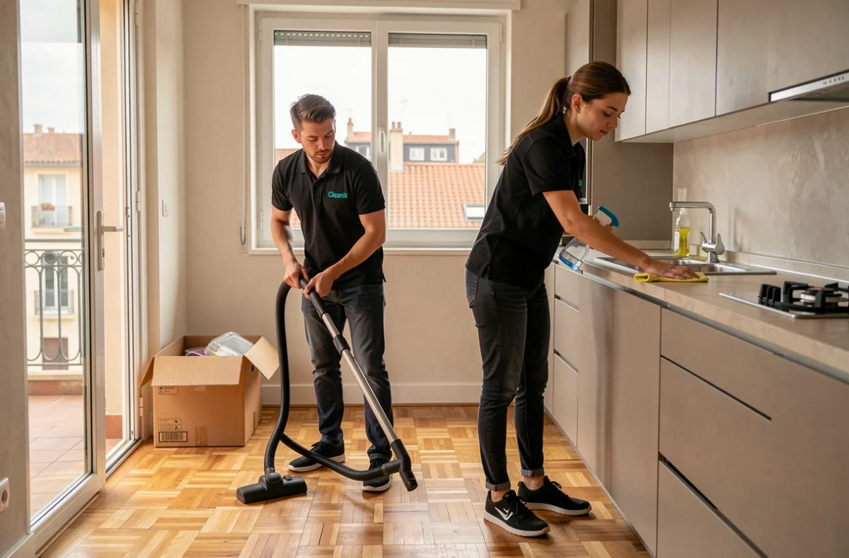 Équipe Cleanit Toulouse réalisant un nettoyage de fin de bail dans un appartement moderne avec parquet