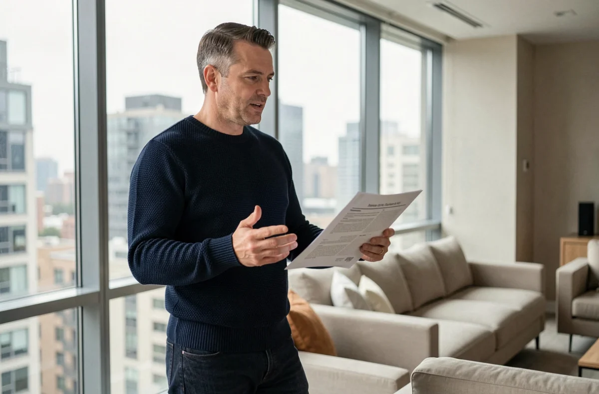 Ancien client d'une agence immobilière partageant son expérience dans un appartement contemporain en ville