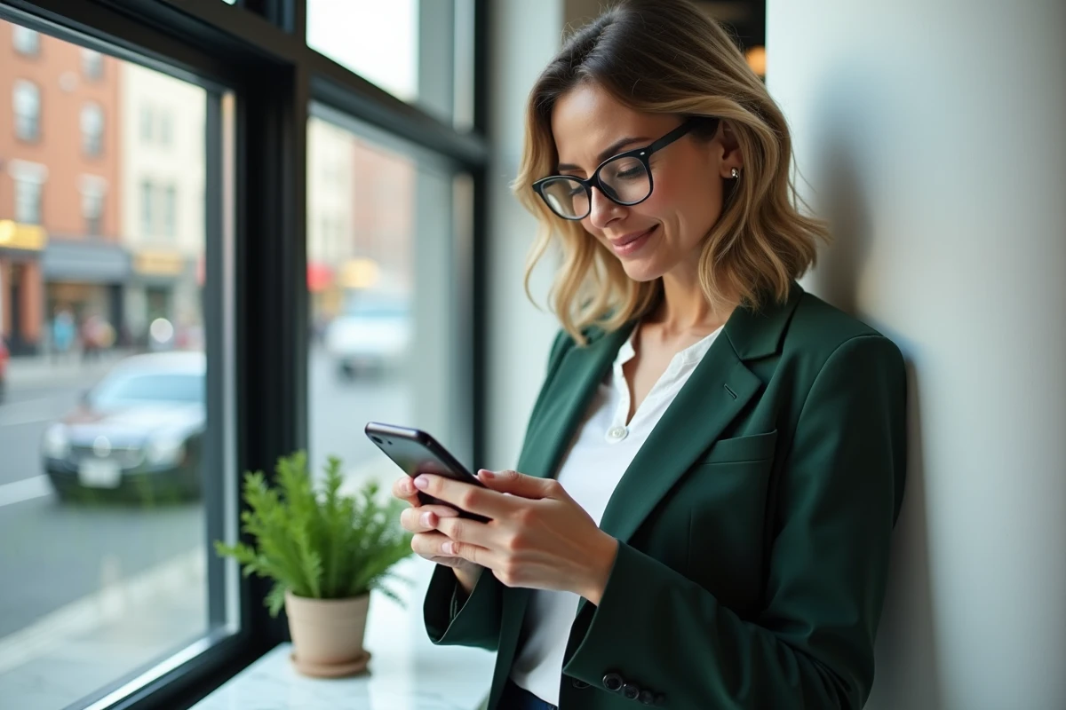 Cliente e-commerce consultant un live chat sur son smartphone avec recommandations produits et code promo, dans un espace contemporain