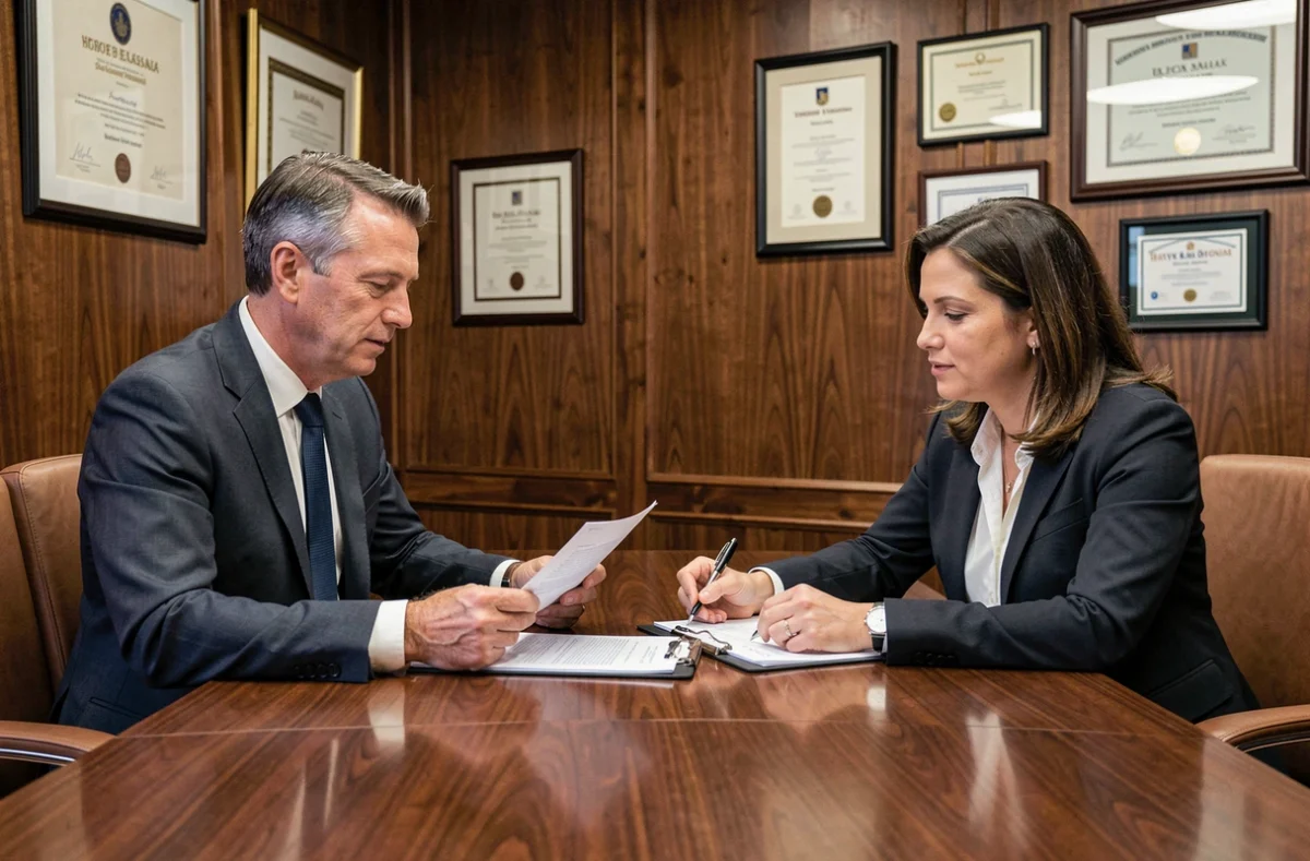 Réunion de conseil au sein du cabinet C.M.C.A. avec deux experts examinant des documents fiscaux