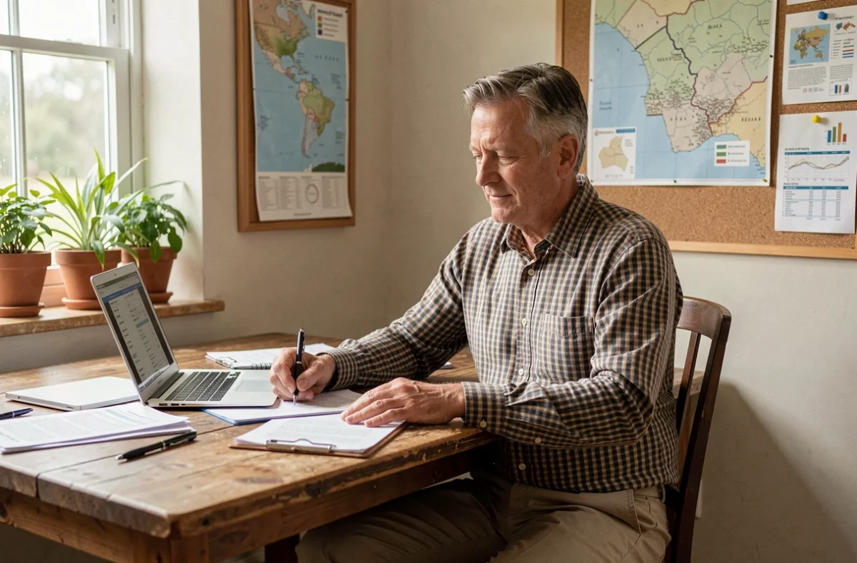 Conseiller comptable du cabinet Cogedis spécialisé en agriculture analysant des bilans agricoles dans un bureau régional