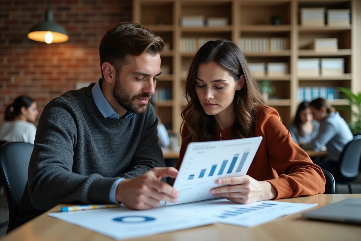 Deux professionnels collaborant sur des rapports d'indicateurs économiques territoriaux dans un espace de coworking