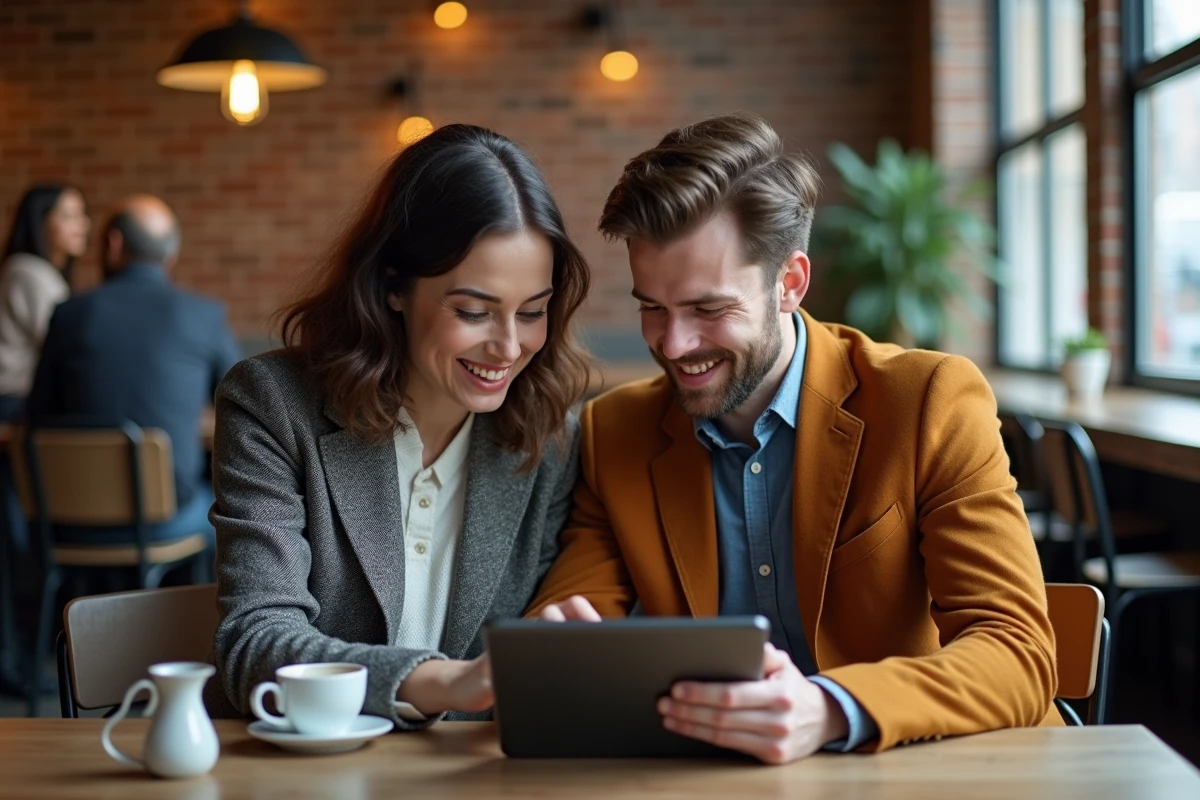 Deux collègues discutant de la rédaction d'un email professionnel sur une tablette dans un espace de coworking urbain