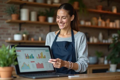Commerçante indépendante utilisant un logiciel de gestion sur tablette dans sa boutique artisanale