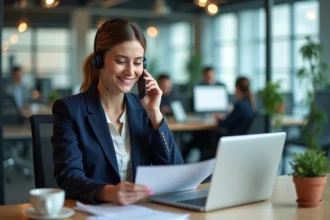 Commerciale B2B en train de passer un appel de prospection avec un script de vente sur son bureau en open space