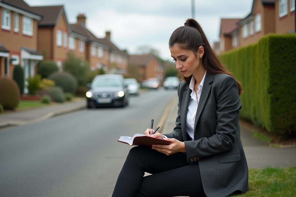 Commerciale porte-à-porte prenant des notes après un refus client, illustrant la résilience et la motivation personnelle