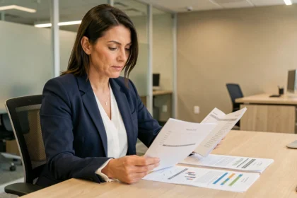 Professionnelle comparant des offres de portage salarial sur des documents imprimés dans un bureau moderne