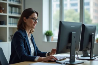 Professionnelle comparant Pappers et Infogreffe sur deux écrans dans un bureau moderne pour des recherches juridiques