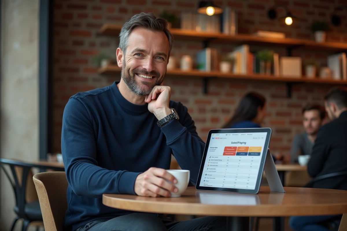 Entrepreneur comparant les plans tarifaires d'outils IA dans un café parisien avec une tablette