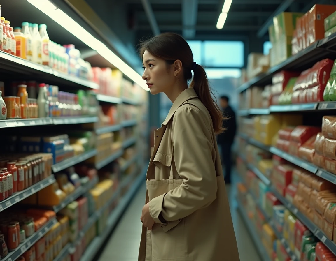 Femme dans une épicerie regardant autour d'elle dans un rayon, illustrant une situation de vol potentiel en magasin