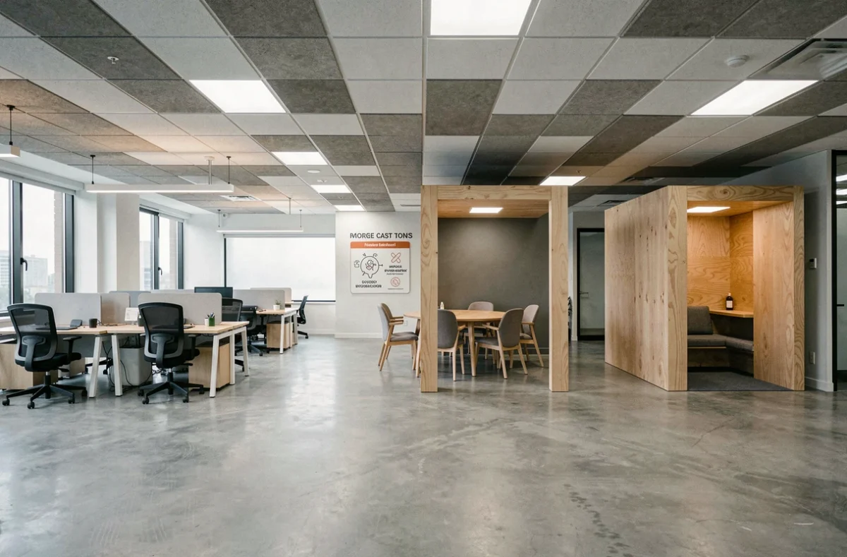 Vue d'ensemble d'un espace de coworking vide montrant différentes configurations adaptées à des équipes de tailles variées