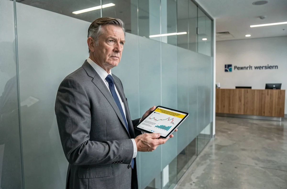 Conseiller financier consultant des alertes réglementaires sur tablette dans un bureau corporate, risques investisseurs particuliers
