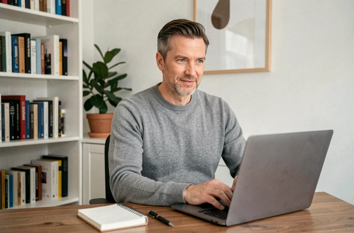 Consultant freelance en télétravail lors d'un appel vidéo professionnel depuis son bureau à domicile
