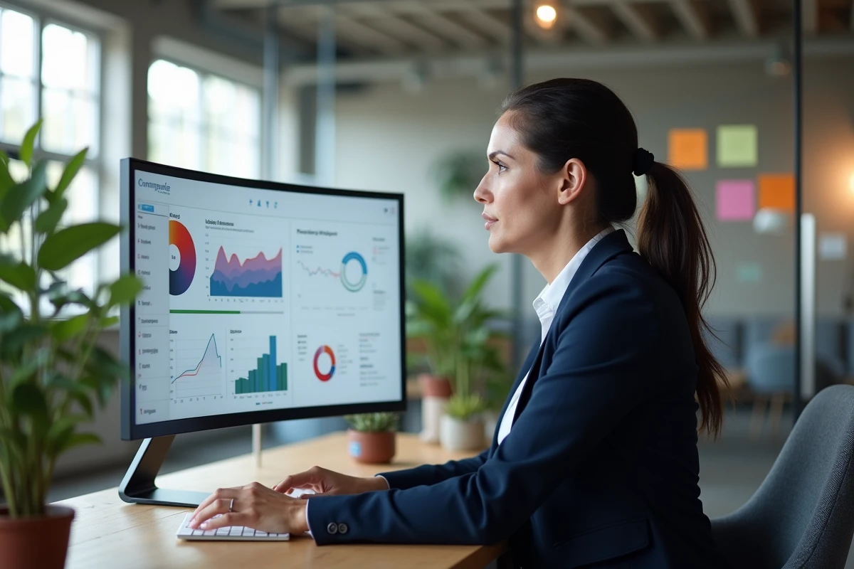 Consultante en agence digitale à Montpellier analysant des maquettes web et des tableaux de bord analytics sur un grand écran dans un bureau moderne