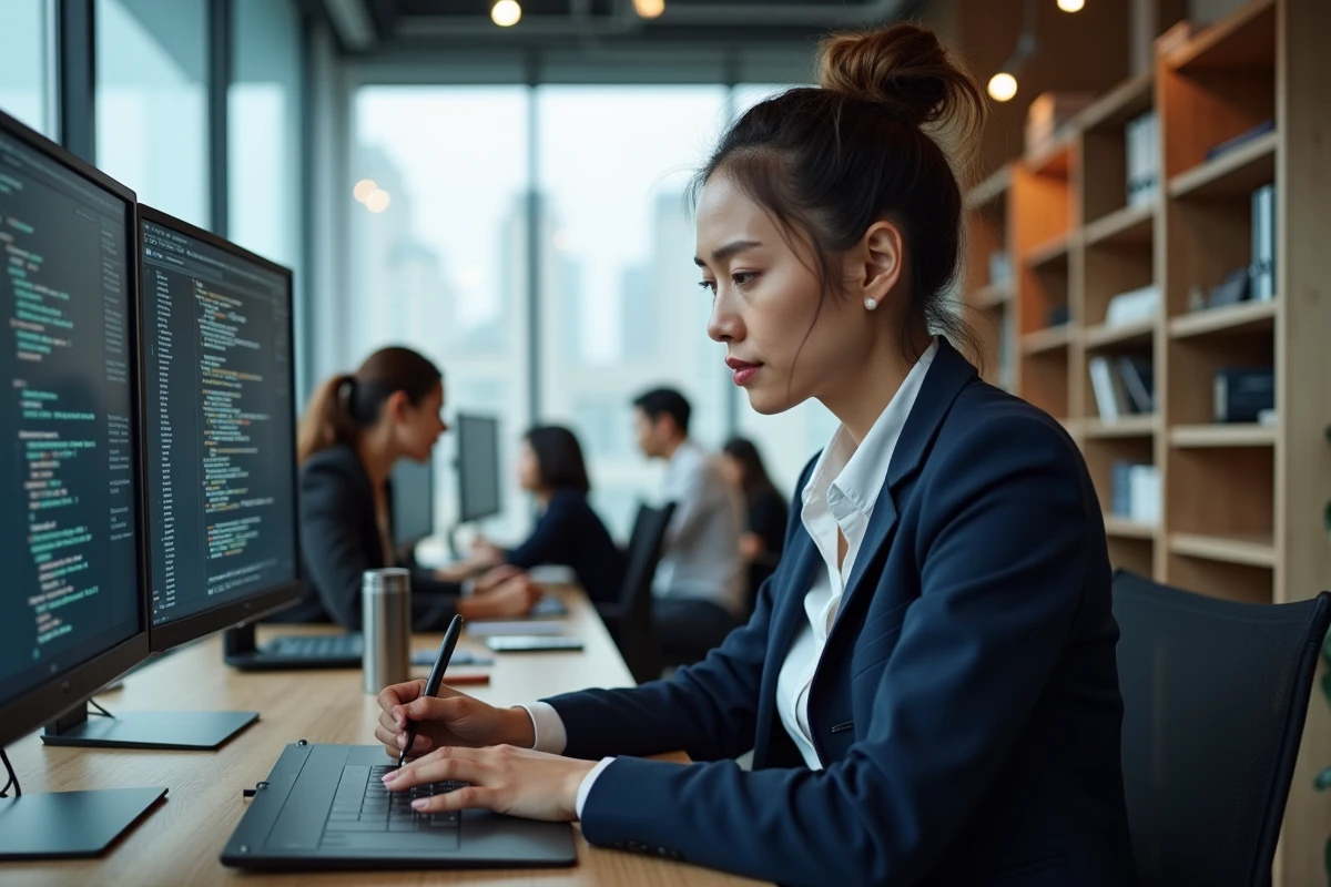 Consultante en digital care du Groupe SYD concentrée sur ses écrans dans un espace de co-working moderne, symbolisant l'expertise humaine et technique d'une ESN nouvelle génération