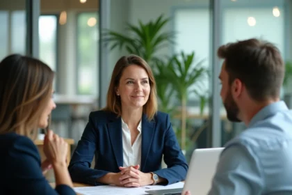 Consultante RH en réunion avec des dirigeants d'entreprise dans un bureau moderne, comparant les approches de gestion des ressources humaines