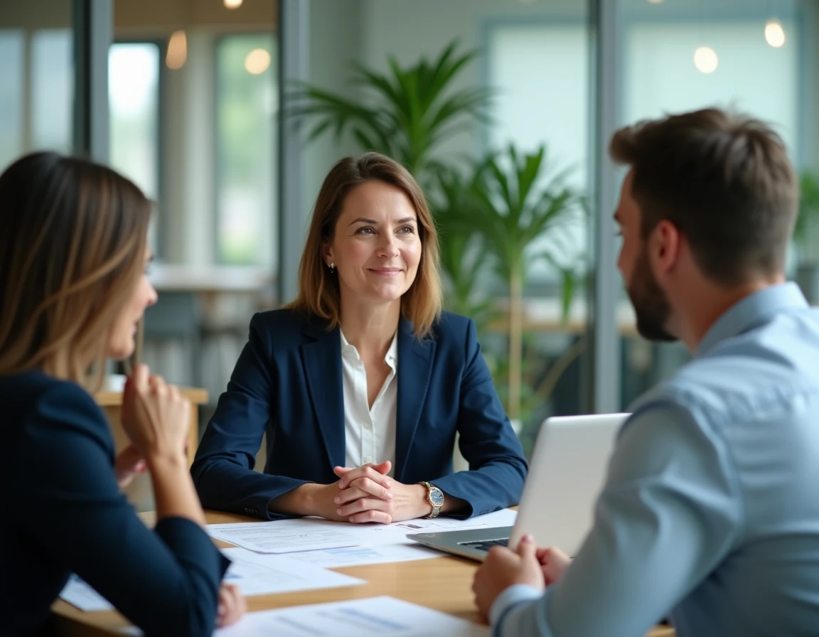 Consultante RH en réunion avec des dirigeants d'entreprise dans un bureau moderne, comparant les approches de gestion des ressources humaines