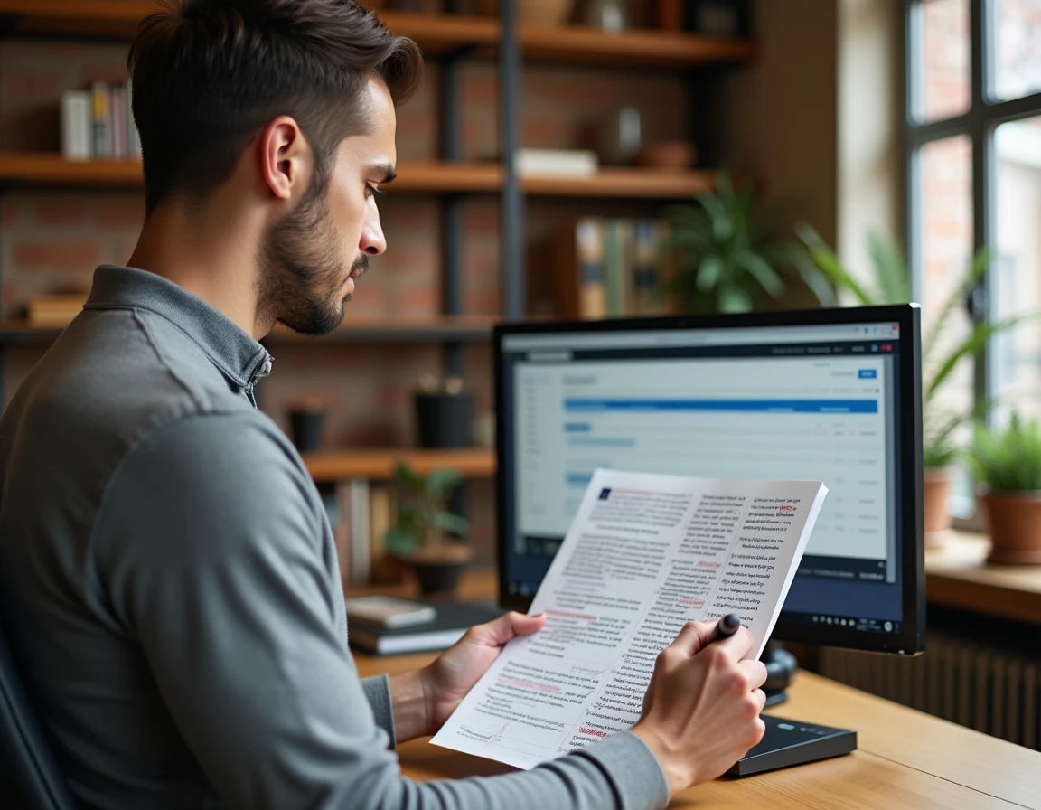 Copywriter B2B annotatant des accroches LinkedIn sur documents imprimés dans un bureau à domicile avec briques apparentes