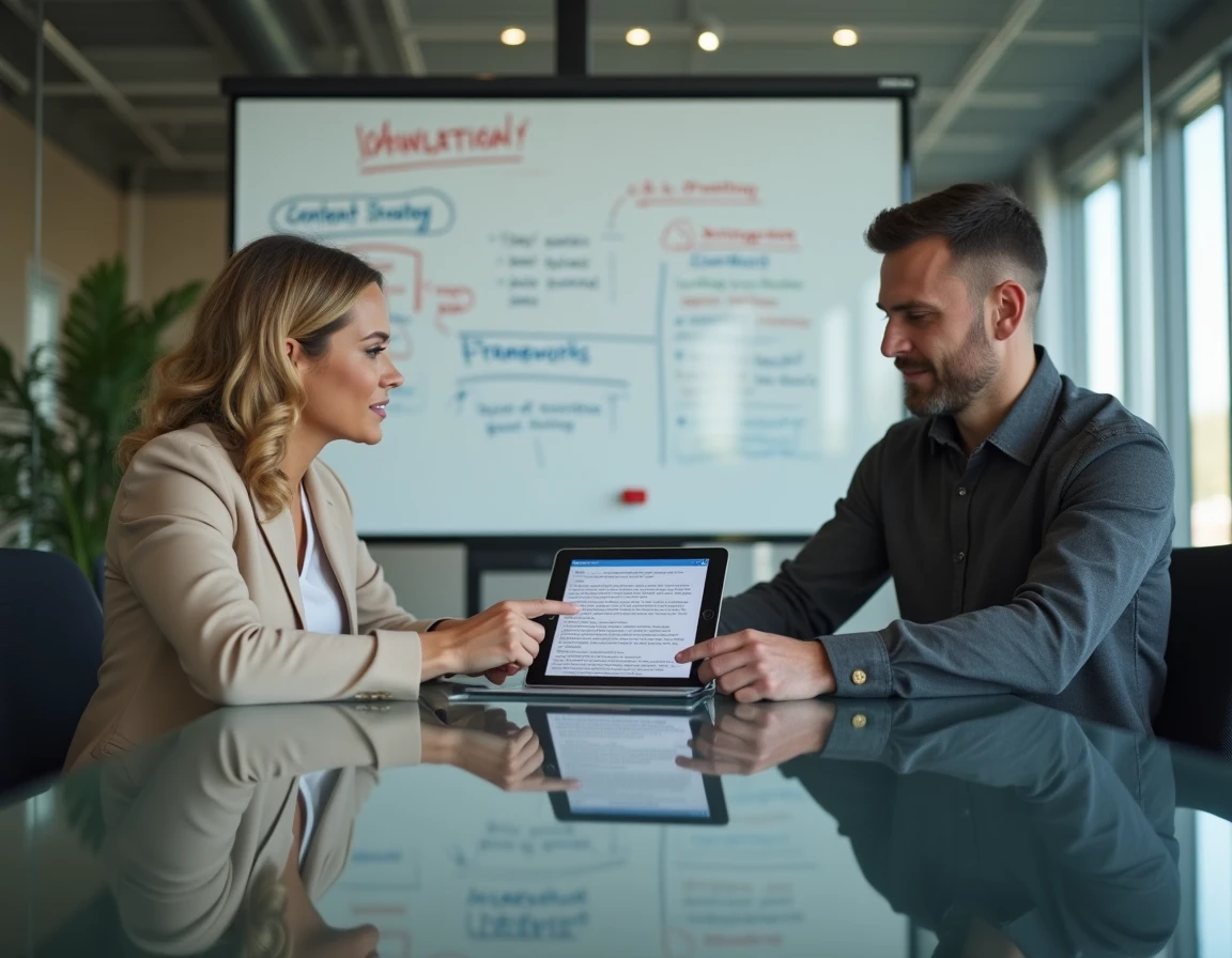Deux professionnels B2B collaborant sur une stratégie de copywriting LinkedIn avec texte en gras dans une salle de réunion moderne