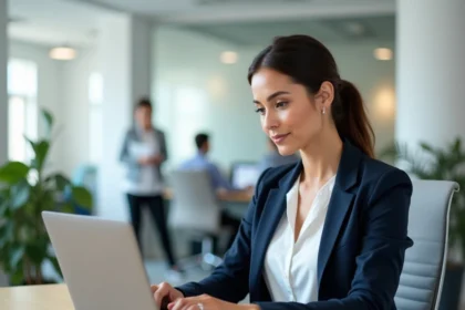 Professionnelle en blazer marine rédigeant un post LinkedIn avec texte en gras sur ordinateur portable dans un bureau moderne