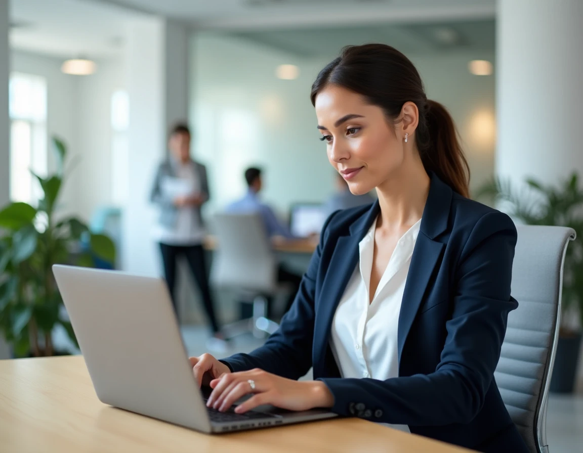 Professionnelle en blazer marine rédigeant un post LinkedIn avec texte en gras sur ordinateur portable dans un bureau moderne