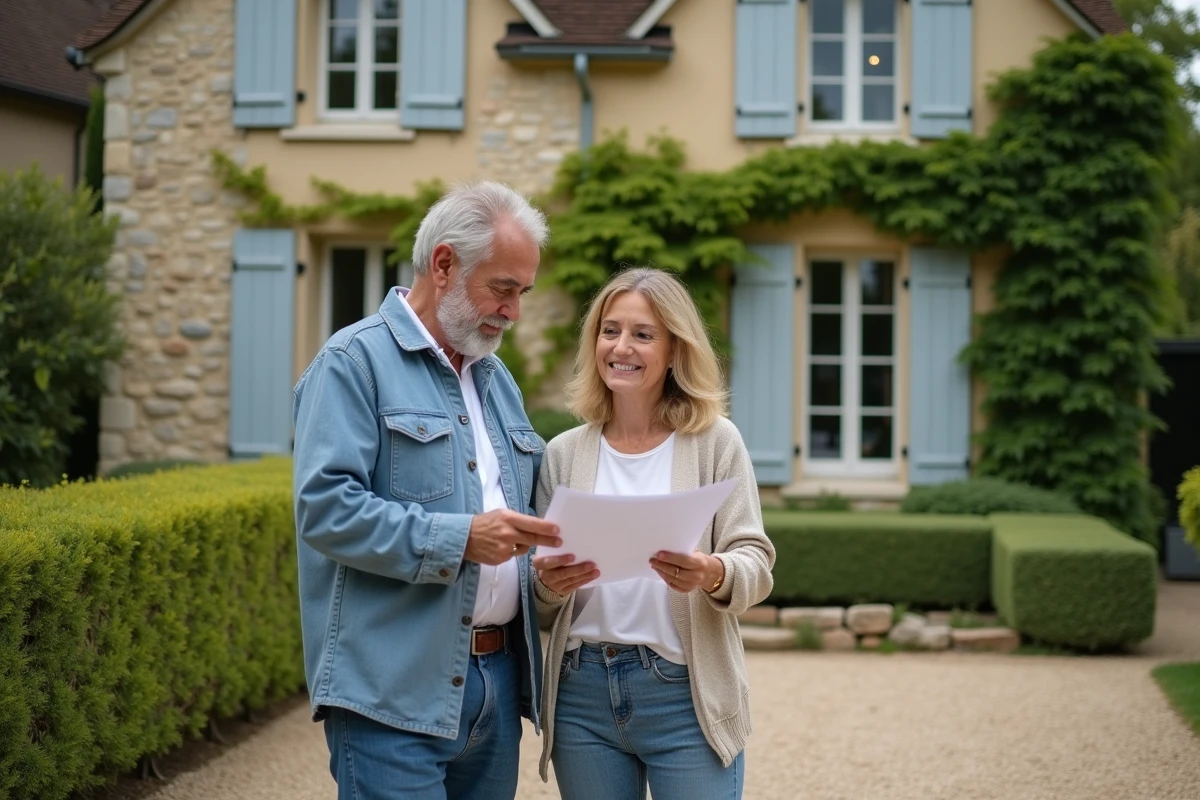 Couple de propriétaires examinant des documents d'expertise devant leur maison en pierre