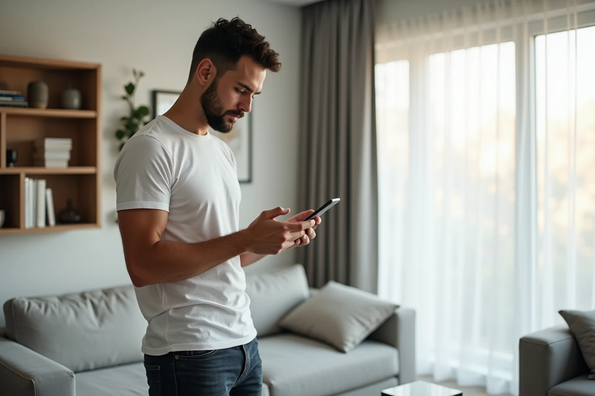 Créateur de contenu masculin analysant ses statistiques sur smartphone dans un appartement moderne et minimaliste