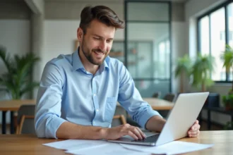 Créateur d'entreprise consultant son extrait KBIS sur ordinateur portable dans un espace de coworking moderne