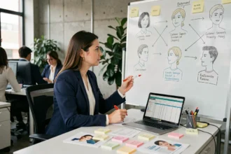 Femme marketing analysant un profil client idéal sur un tableau blanc dans un bureau moderne