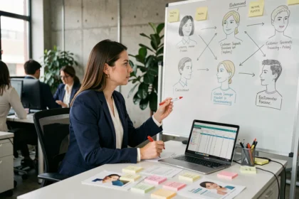 Femme marketing analysant un profil client idéal sur un tableau blanc dans un bureau moderne