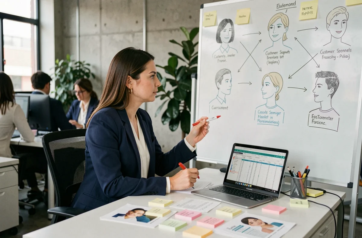 Femme marketing analysant un profil client idéal sur un tableau blanc dans un bureau moderne
