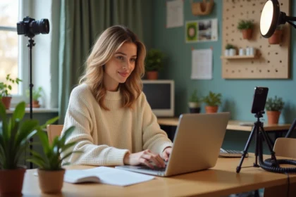 Jeune femme créatrice de contenu travaillant sur son ordinateur portable dans un studio à domicile bien organisé