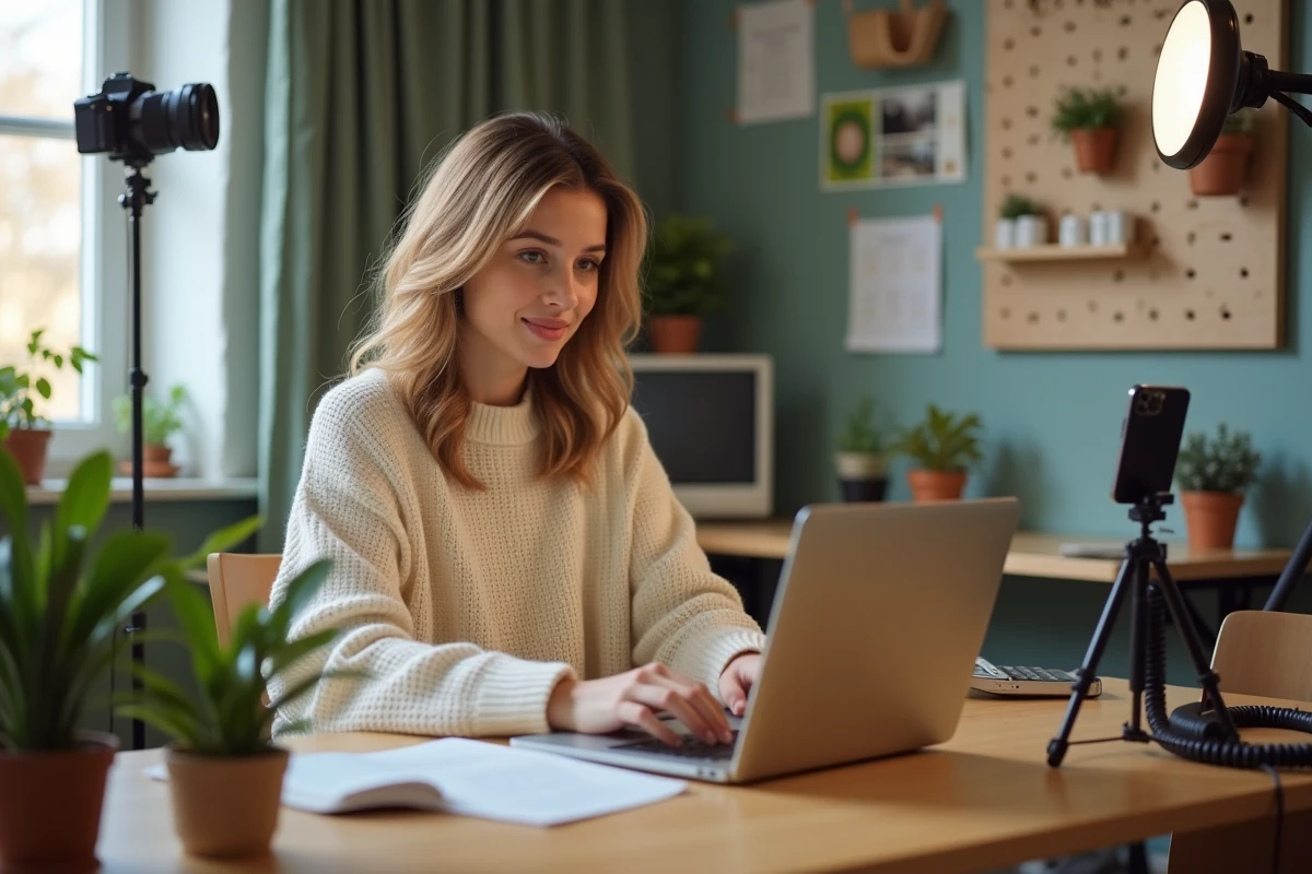 Jeune femme créatrice de contenu travaillant sur son ordinateur portable dans un studio à domicile bien organisé