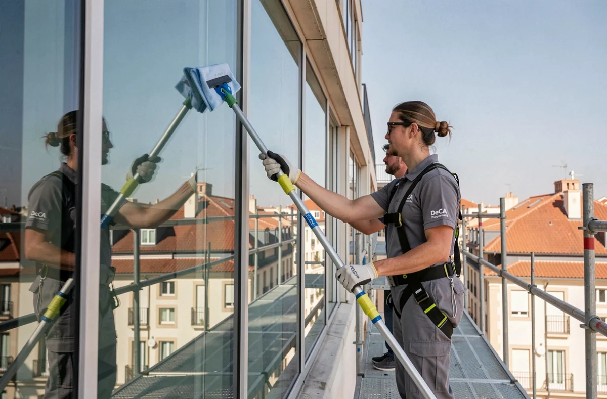 Deux agents DeCA Propreté nettoyant la façade vitrée d'un immeuble à Toulouse avec des raclettes sur perches