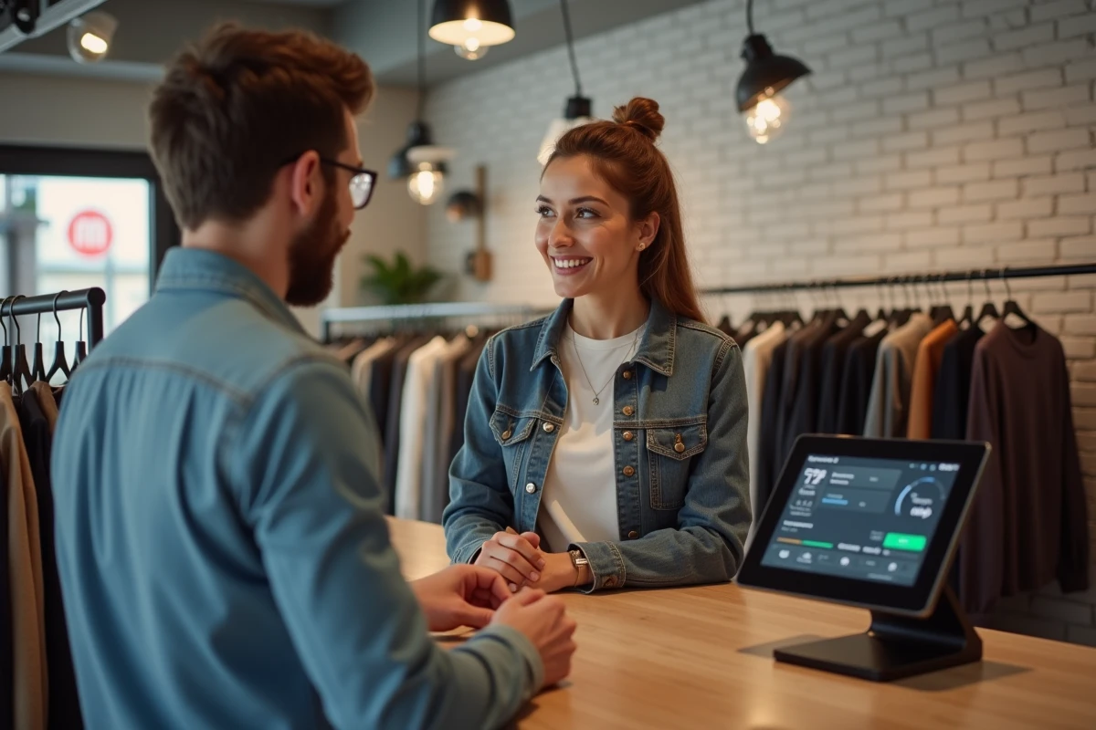 Deux commerçants indépendants utilisant un logiciel de caisse numérique dans une boutique de vêtements
