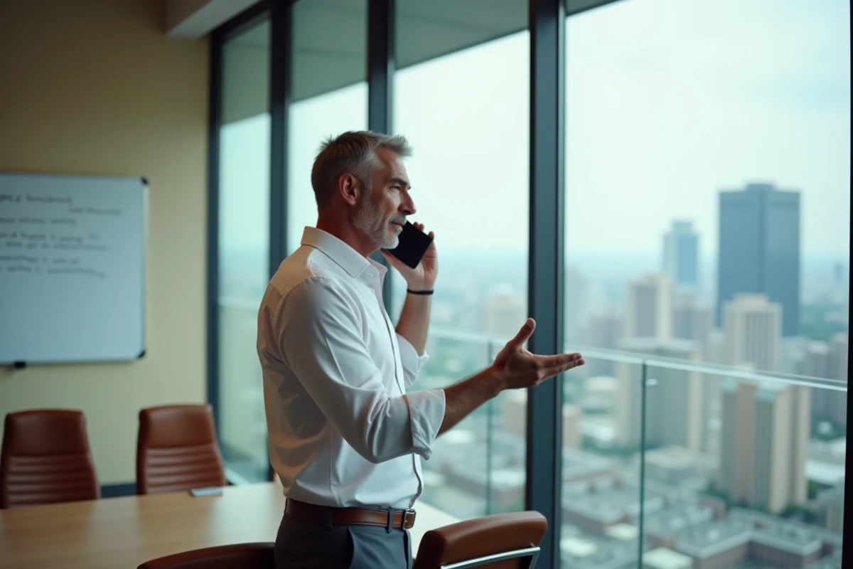 Directeur commercial en réunion passant un appel B2B depuis une salle de conférence avec vue sur la ville