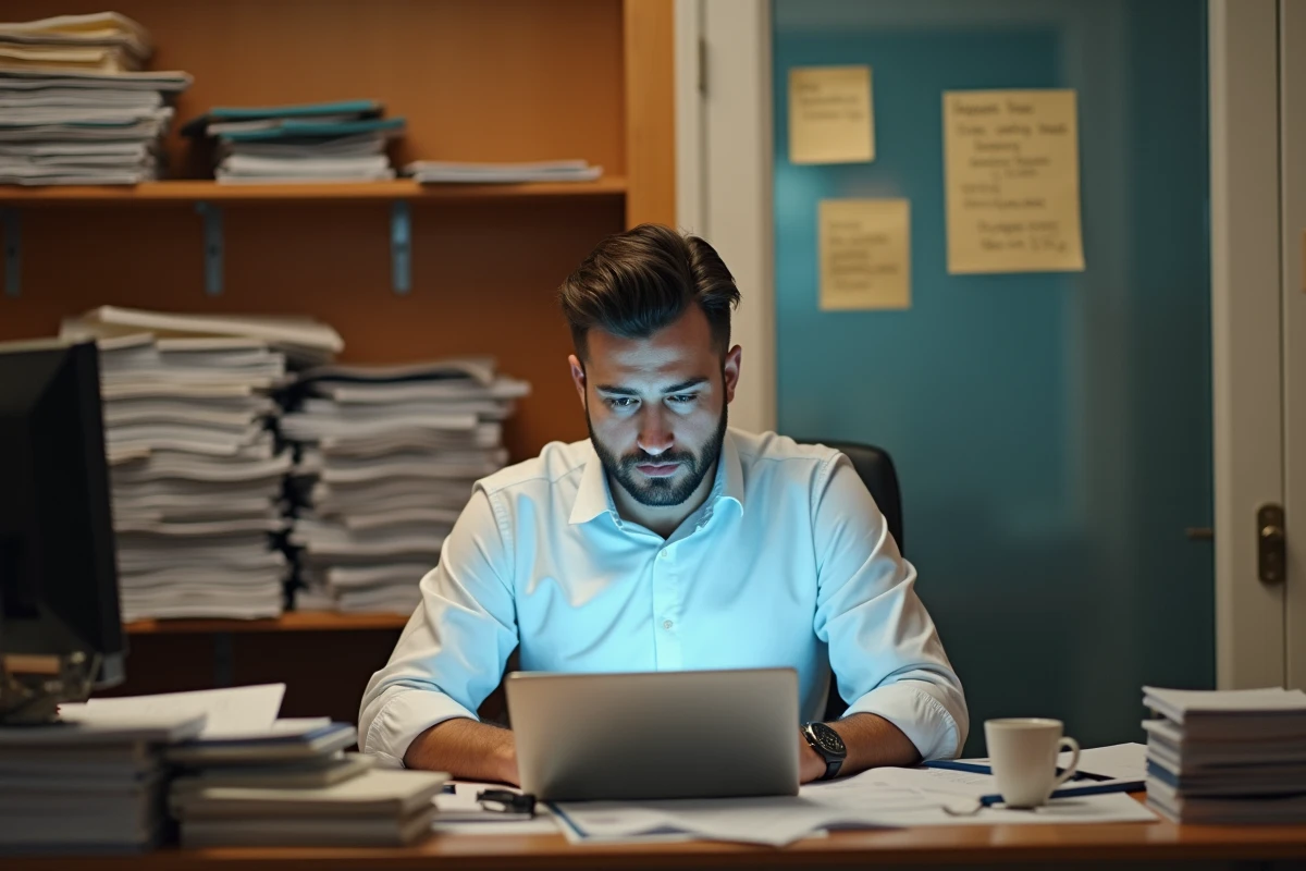 Directeur marketing analysant des factures d'agence sur son ordinateur portable, symbolisant la vigilance accrue des annonceurs après le scandale Rezoactif