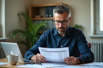 Dirigeant de PME examinant des documents administratifs liés au dispositif Alsace CAHR dans son bureau