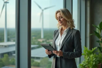 Dirigeante d'entreprise examinant des documents stratégiques dans un campus industriel éco-responsable avec vue sur des éoliennes