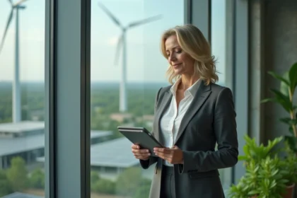 Dirigeante d'entreprise examinant des documents stratégiques dans un campus industriel éco-responsable avec vue sur des éoliennes