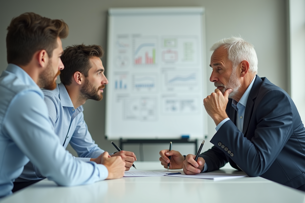 Deux hommes en discussion dans une salle de réunion