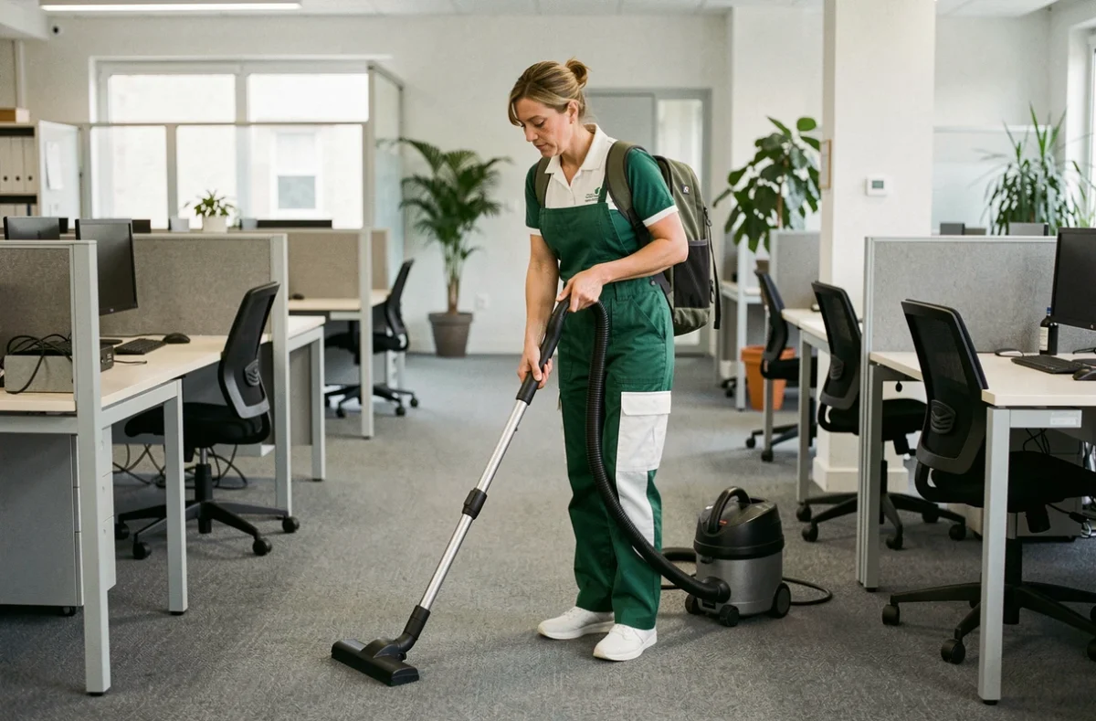 Professionnelle de DNA Propreté et Services utilisant un aspirateur dorsal dans un bureau en open space à Toulouse