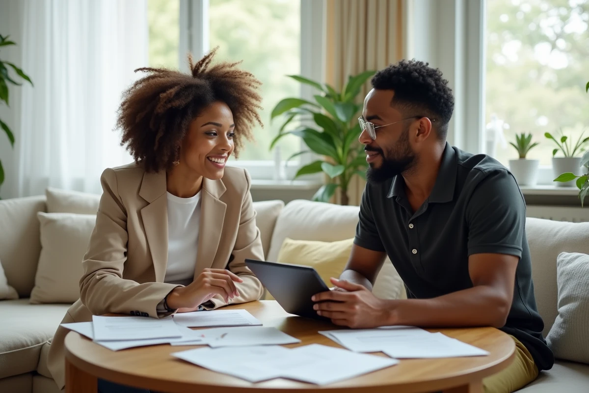 Deux professionnels collaborant sur une recherche d'emploi B2B en télétravail depuis leur domicile